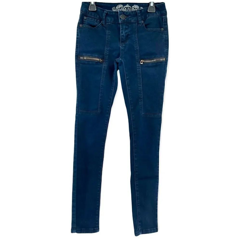 Premium Wax Junior’s Navy Blue Moto Style Front Zipped Pockets Skinny Jeans 3